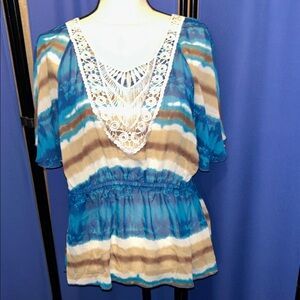 Blue and Brown Women's Top with Lace Detail